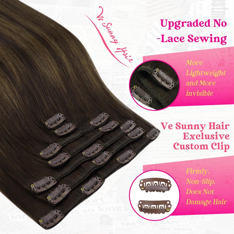 Ve Sunny Human Hair Clip in Extensions 22Inch Long Clip in Hair Extensions Real Human Hair Balayage Dark Brown Hair Extensions Clip ins for Women Easy Apply 120g - Image 4